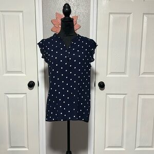 Loft Ann Taylor navy w/off-white polkadot print blouse, EXCELLENT CONDITION